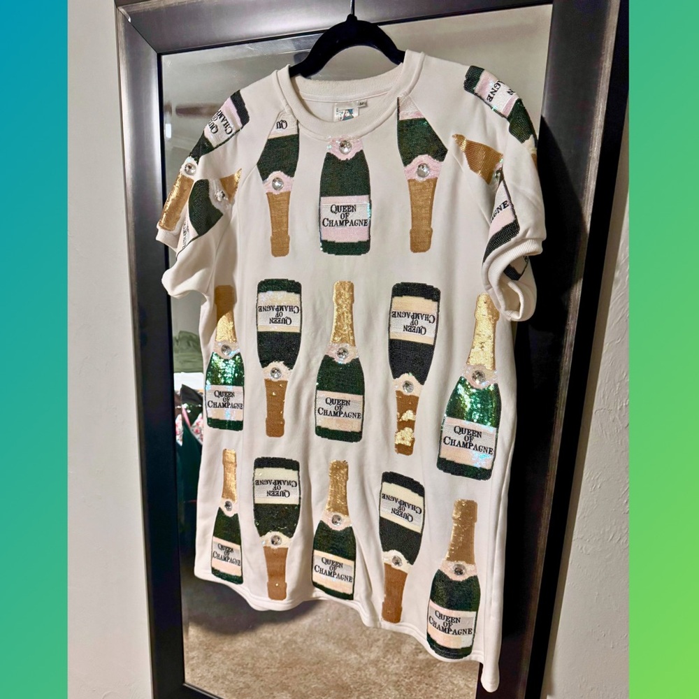 QUEEN OF SPARKLES Champagne Bottle Mini Dress - White, Green, Gold